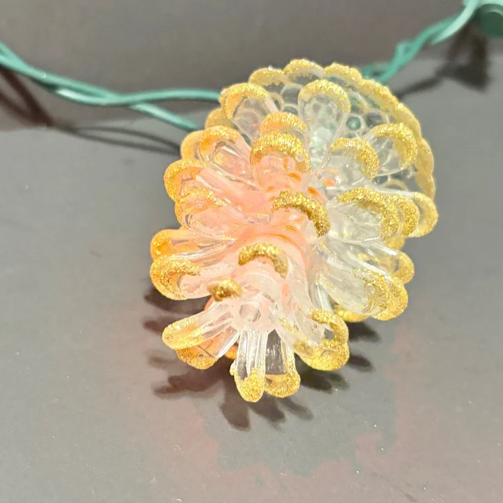 9' Vtg Style Glitter Pinecone String Lights 10 Count Gold Amber Glow Green Wire